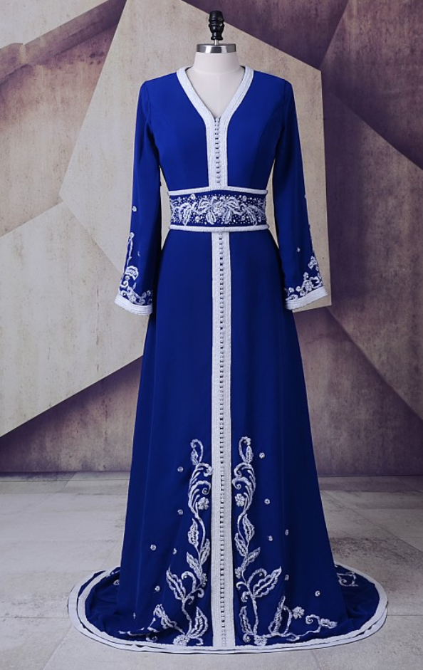 The Kingdom Of Morocco Blue V - Cou Caftan Dress Party A - Pearl Ligne Silk Weaving Dubai And Muslims Open-air Party Dress