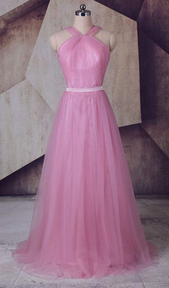 Rose Pink Cross Halter Neck Long Tulle Prom Dress, Evening Dress