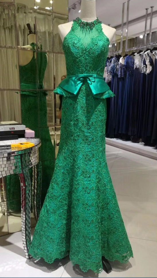 Way Of Green Lace Mermaid Halter Neck Appliques Luxury Evening Dress For The Party Dress