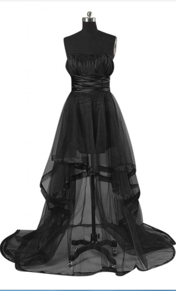Sexy Strapless A-line Hi-lo Tulle Black Prom Dress With Sash