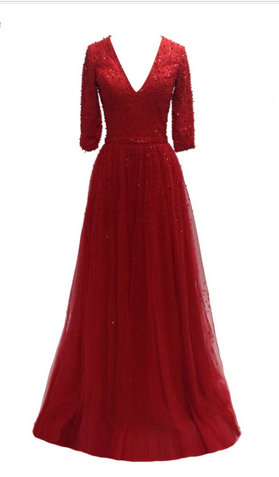 Red Dress Pearl Veils Open-air Party Dresses A - Ligne Straps Luxury Prom Long Sleeve Evening Dress