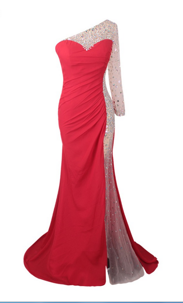 One-shoulder Long Sleeved Mermaid Long Prom Dress, Evening Dress With Jewel Embellishment