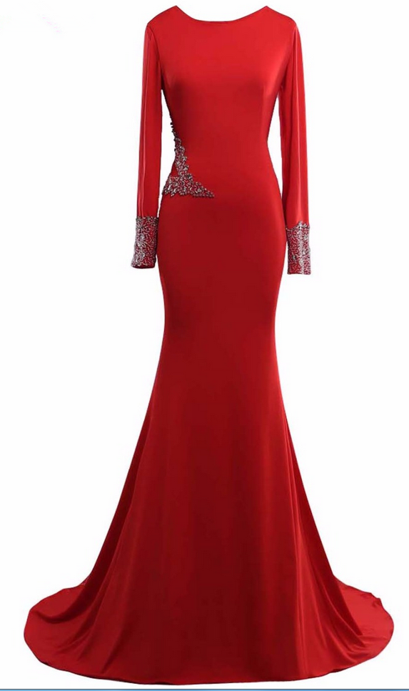 Real Photo Red Dress Simple O O Satin Appliques Neck Long Sleeve Party Party Dress