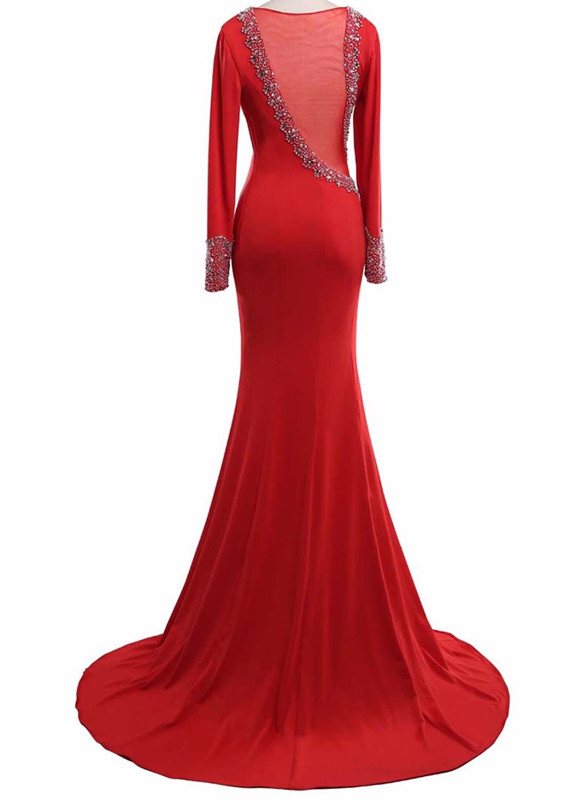 Real Photo Red Dress Simple O O Satin Appliques Neck Long Sleeve Party ...