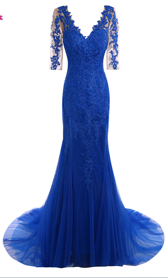 Actual Appliques Lace Pictures, Blue V-neck Veils Profound Mermaid Long Evening Dress With Short Sleeves