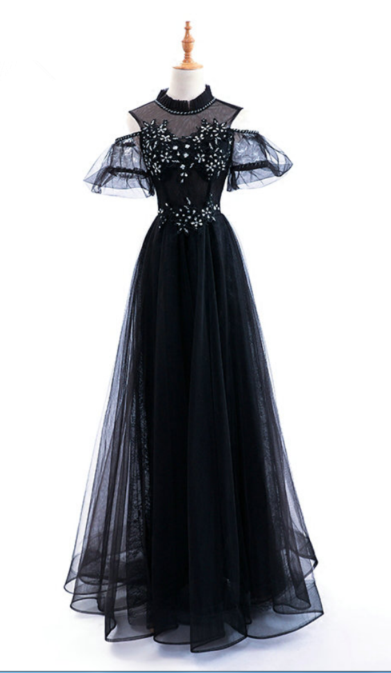 Black Veils The Rebellious Short-sleeved Dress Long Neck Lace Higher Evening Dress Floor Length Gown Evening Dress For The First Time