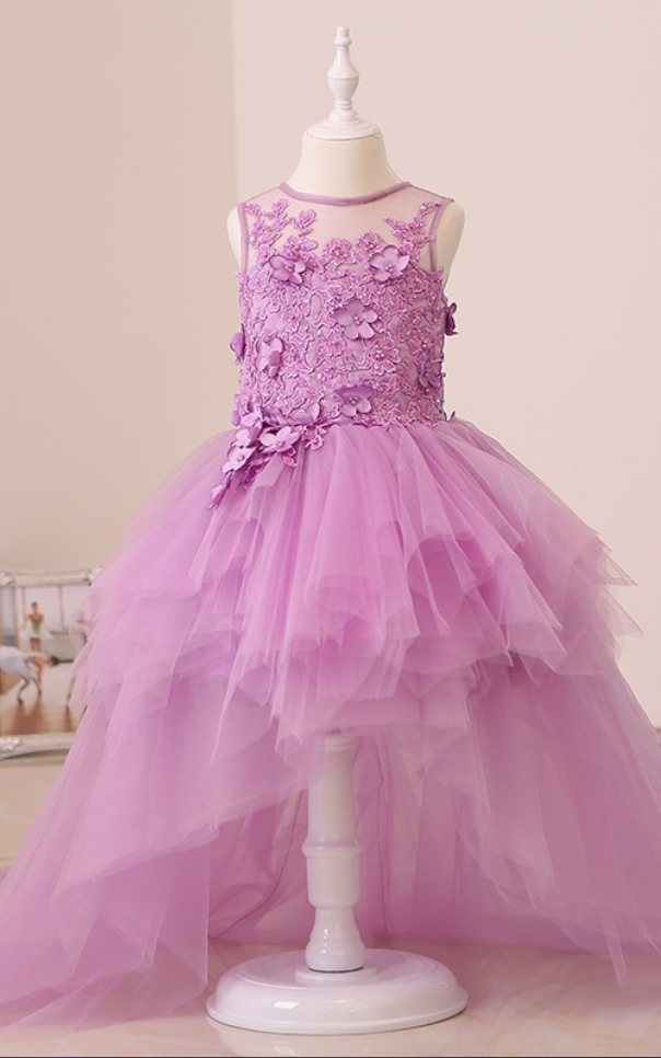 Cute Lavender High Low Flower Girl Dresses Tulle Puff Girl Pageant Dresses Kids Evening Gowns Custom Made Prom Dress For Girls