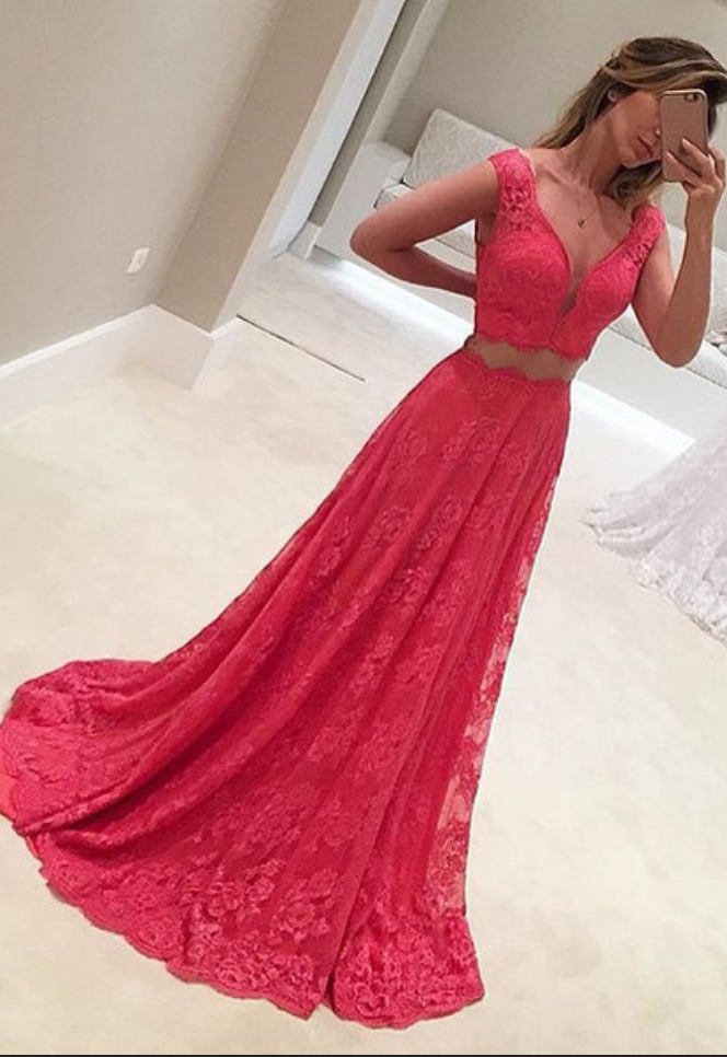 High Quality French Lace Evening Dress,sexy Two Piece Graduation Dress,a Line Two Piece Prom Dress