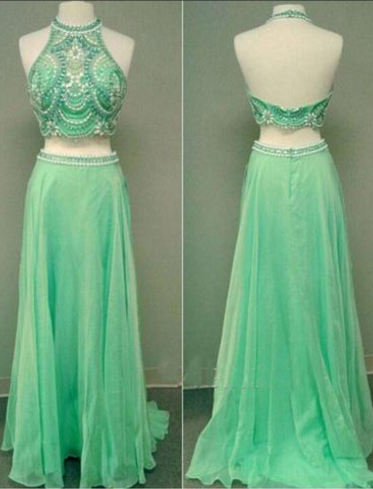 Formal Halter Two Pieces Chiffon Beaded Long Prom Dress,