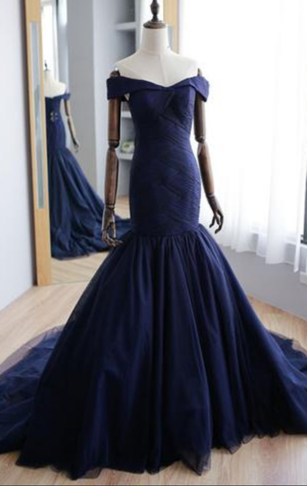 Formal Mermaid Off Shoulder Tulle Long Navy Blue Prom Dress,