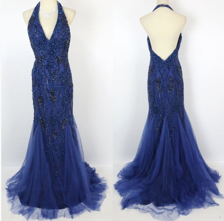 Navy Blue Mermaid Full Beaded Halter Backless Long Prom Dress On Luulla 