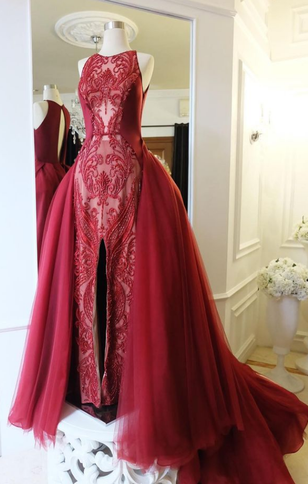 Burgundy Lace Formal Occasion Dress With Detachable Skirt on Luulla