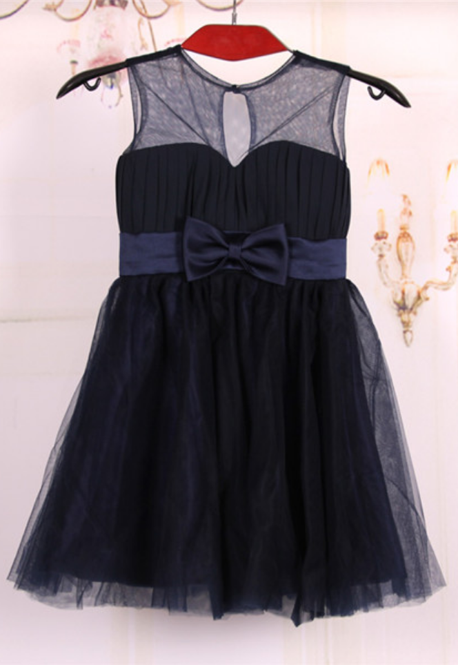 A Line Princess Knee Length Tulle Navy Blue Flower Girl Dresses With Sash And Bow,baby Dress