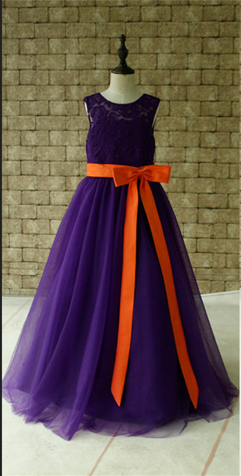 Purple Lace Flower Girl Dress Floor Length With Orange Sash And Bow Birthday Dress Made For Girls, Toddlers