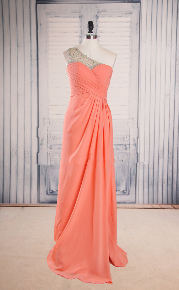 One-shoulder Coral Chiffon A-line Floor-length Prom Dress, Evening Dress With Beading Embellishment