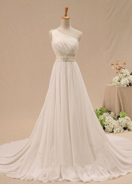 Charming One Soulder White/ivory Chiffon Long Prom Gowns, One Shoulder Wedding Dresses, Formal Gowns
