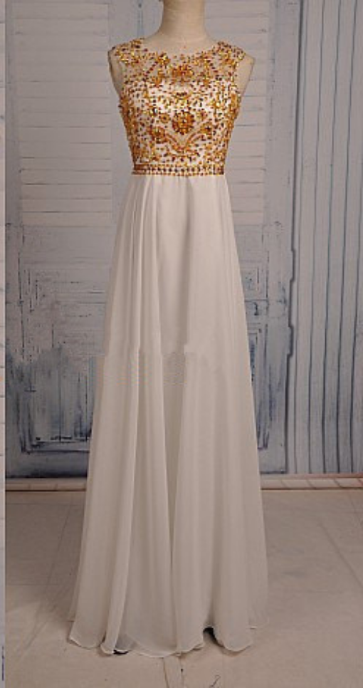 Sleeveless Gold Beaded Chiffon A-line Long Prom Dress, Party Dress, Evening Dress Featuring An Open Back