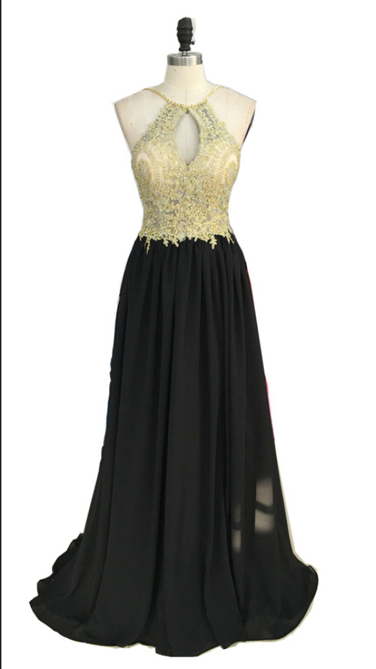 Gold Lace Appliqued Black Chiffon Prom Dresses,halter Long Formal Dress