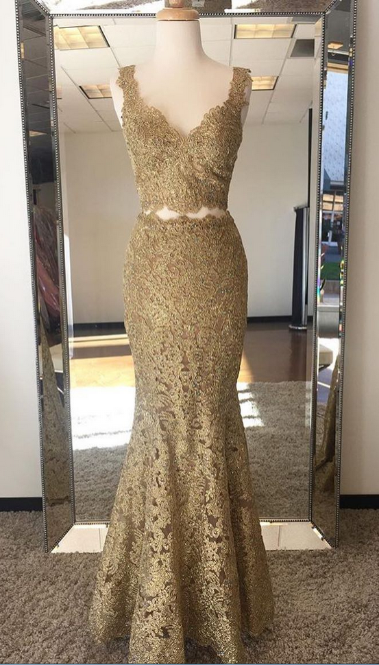 Two-piece Gold Sleeveless Lace Mermaid Long Prom Dress, Evening Dress