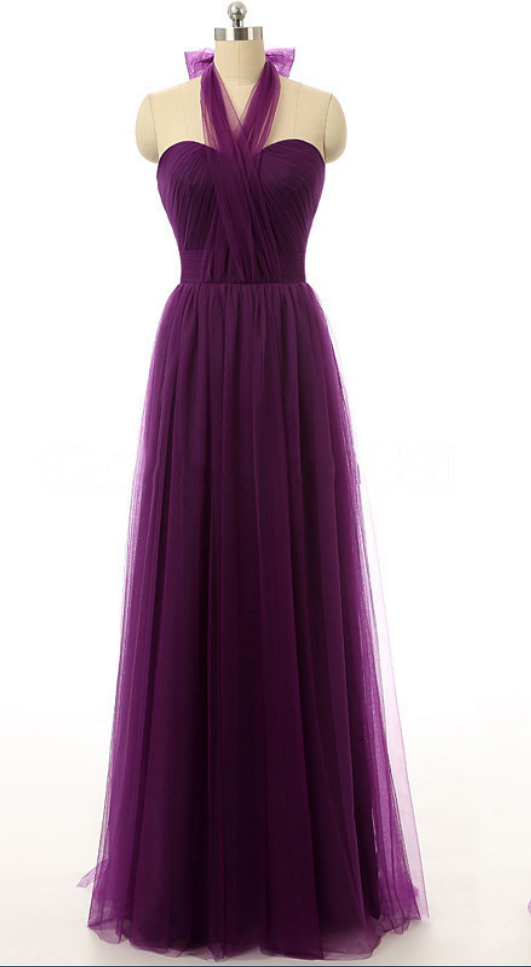 Dark Purple Halter Tulle A-line Floor-length Bridesmaid Dress Featuring Lace-up Back