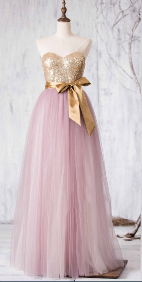 Sequined Bridesmaid Dress, Sweetheart Tulle Bridesmaid Gowns, Two-toned Princess Bridesmaid Dress With A Self-tied Sash,