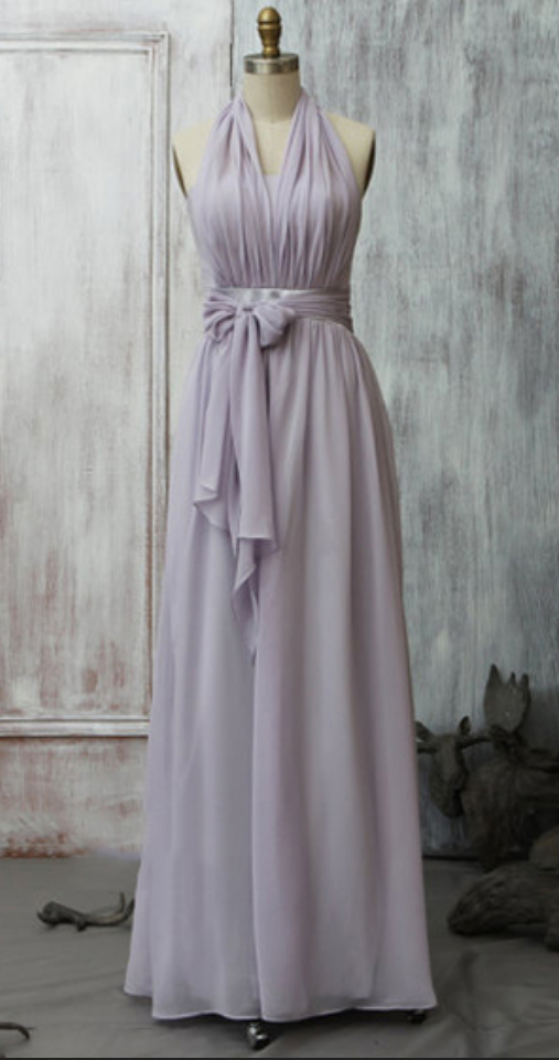 Lavender Halter Sash Bridesmaid Dress, Elegant Column Chiffon Pleats Bridesmaid Dress, Sleeveless Long Sheath Bridesmaid Dress,