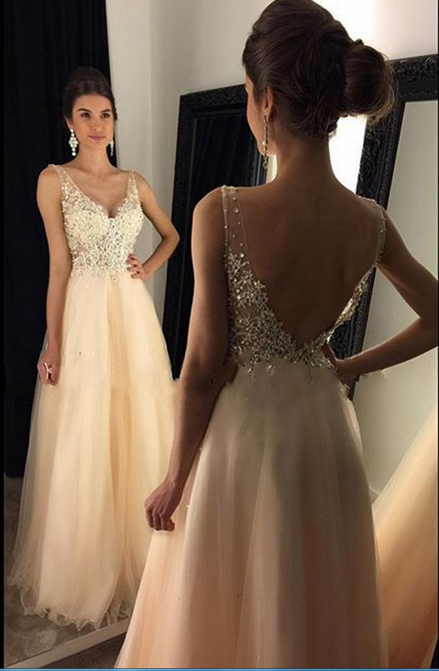 Sparkly V Neck Prom Dress,sexy Backless Evening Dress,tulle Long Prom Gown