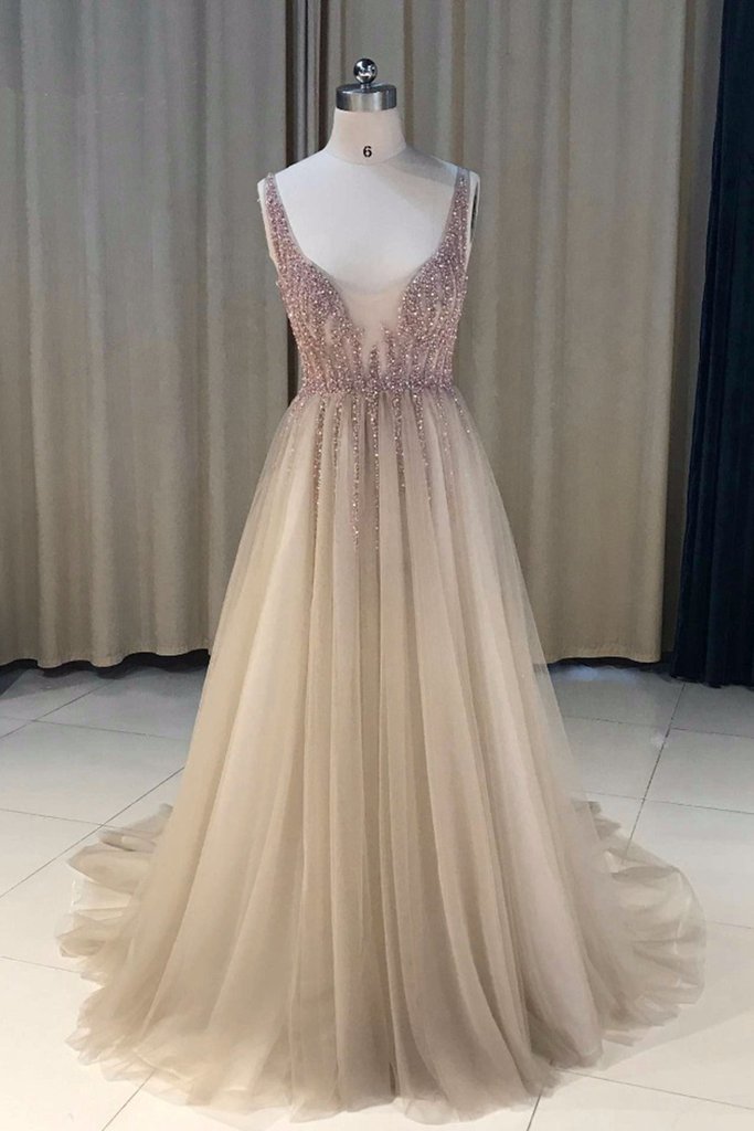 Sexy Beading Long Prom Dress, Sparkly Beaded Tulle Evening Dress