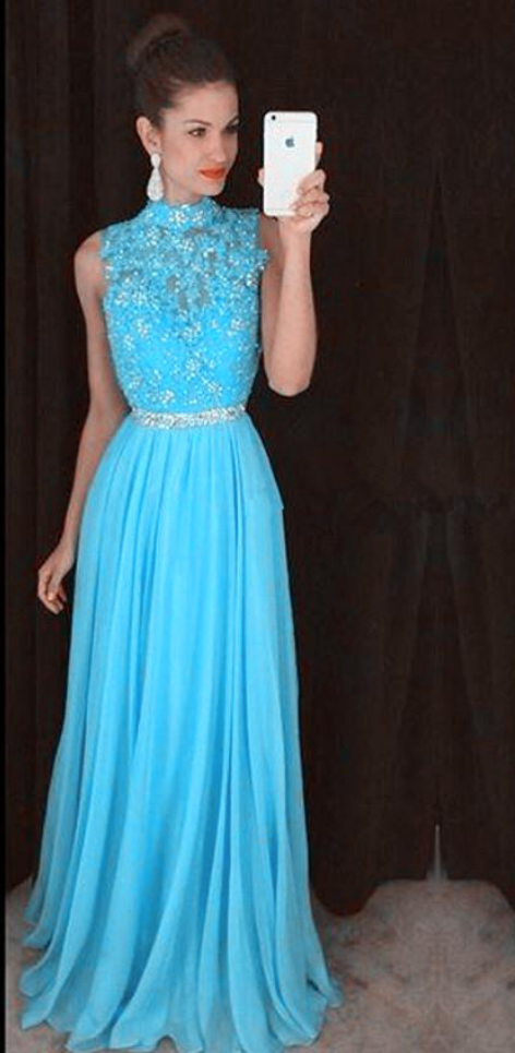Charming Prom Dress, Appliques Chiffon Blue Prom Dresses, Sexy Evening Party Dress, Long Homecoming Dress