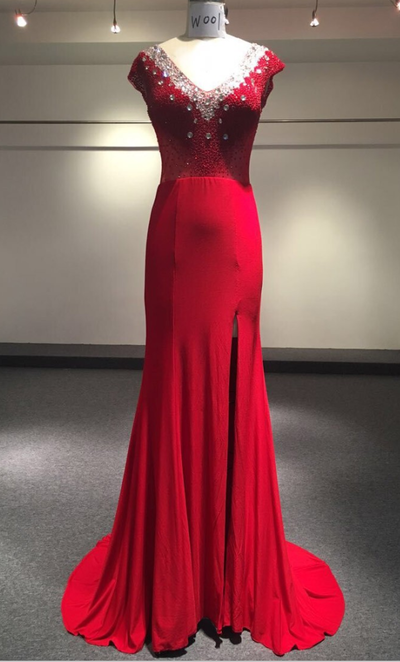 Charming Evening Dress,red Mermaid Prom Dress,sexy Evening Dresses,high Slit Lace Mermaid Evening Dress,formal Dress