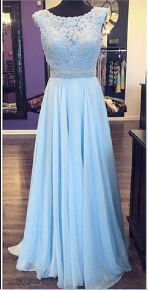 Blue Chiffon Lace Prom Dress with Ribbon Sleeves – loveangeldress