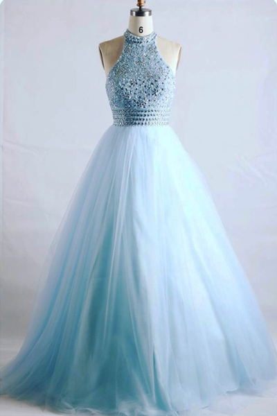 Halter Beaded Tulle A-line Long Prom Dress, Evening Dress, Formal Dress