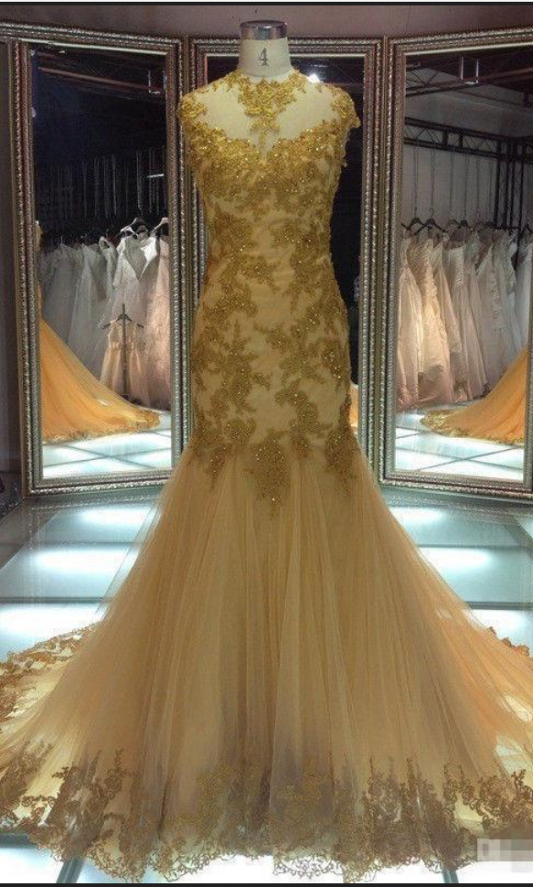 Gorgeous Gold Lace Mermaid Arabic Formal Evening Dresses Keyhole Back Plus Size Real Photos Prom Special Occasion Gowns Custom Made,