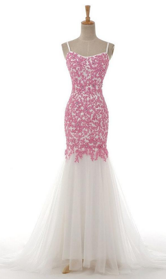 Spaghetti Strap Lace Appliqués Mermaid Long Prom Dress, Evening Dress