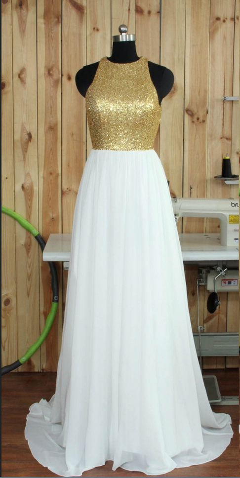 Real Image Long Chiffon Gold Sequins Bridesmaid Dresses O Neck Backless Sexy Wedding Party Dresses White Formal Gowns ,