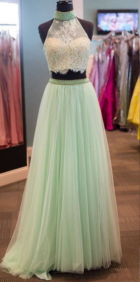Two Piece Prom Dress, Long Prom Dresses,lace Evening Gowns,formal Party Dress,high Neck Two Piece Mint Tulle Evening Dress,two Piece Mint Green