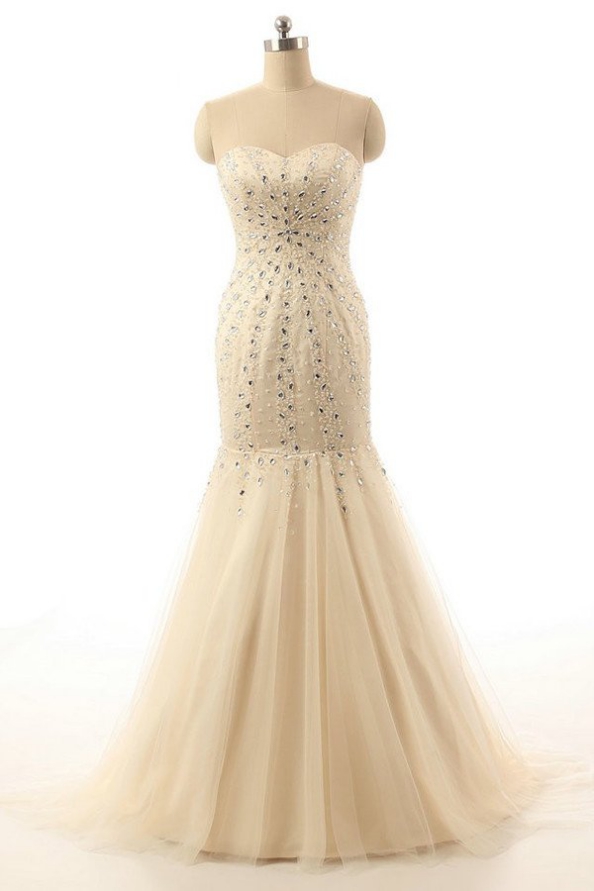 Champagne Strapless Sweetheart Beaded Mermaid Long Prom Dress, Evening Dress
