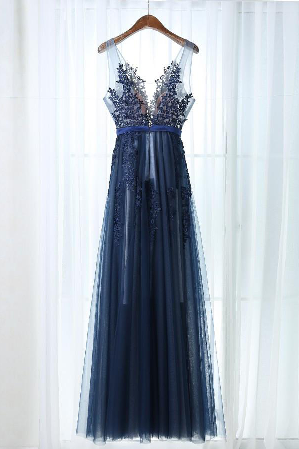 A-line Scoop Appliques Beads V-neck Sleeveless Tulle Dark Blue Long Prom Dresses,elegant Evening Dress,prom Dresses ,
