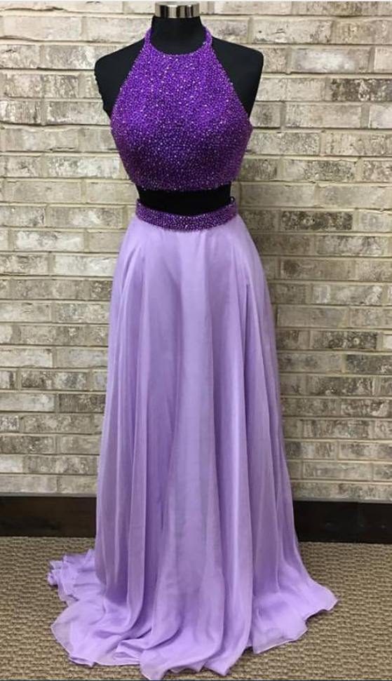 Purple Beaded 2 Pieces Prom Dress,light Purple Chiffon Prom Gown,two Pieces Formal Dress,