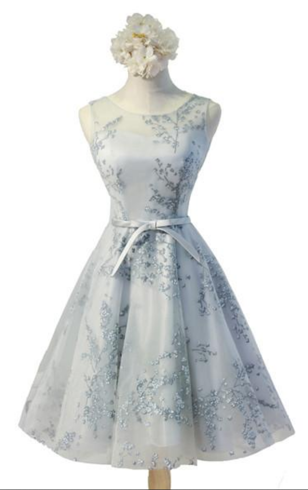 Light Blue Floral Embroidery Sheer Illusion Neckline Homecoming Dress