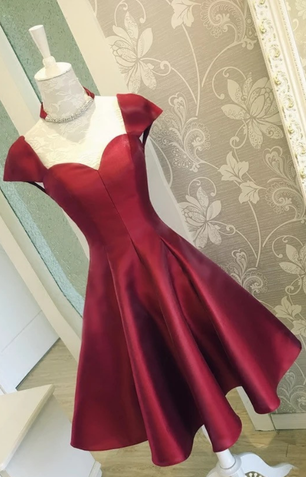 Burgundy Satin Short Prom Dresses With Cap Sleeves ,