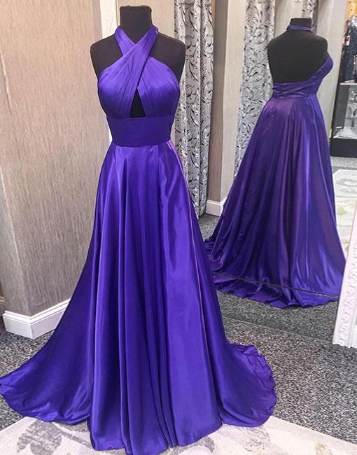 Satin Tie-halter Floor Length A-line Formal Dress Featuring Cutout Front And Open Back, Prom Dress,