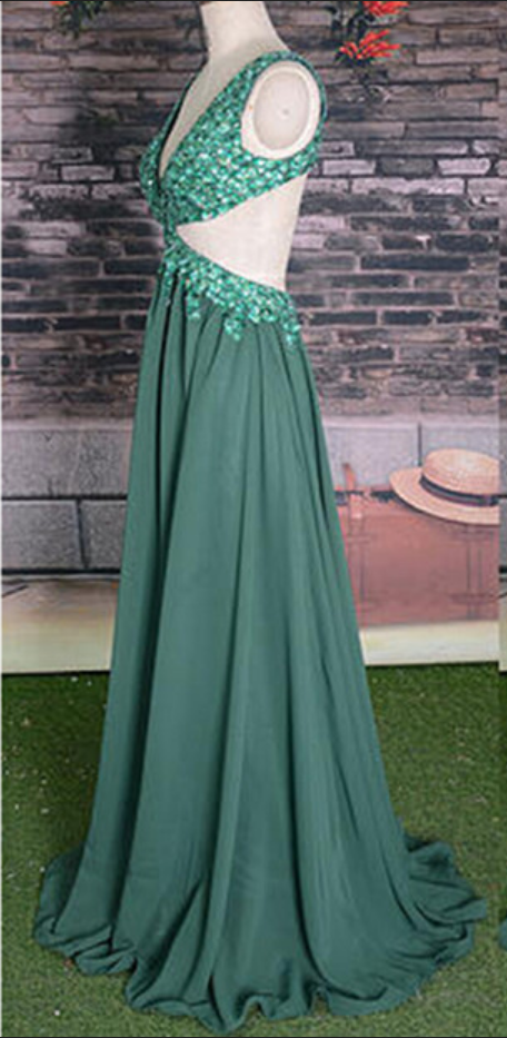 Backless Ack Prom Dress, Beaded Geeen P[rom Dress ,chiffon Prom Dress ,straps Prom Gown,sparkly ,elegant Sparkle Evening Gowns,green Evening