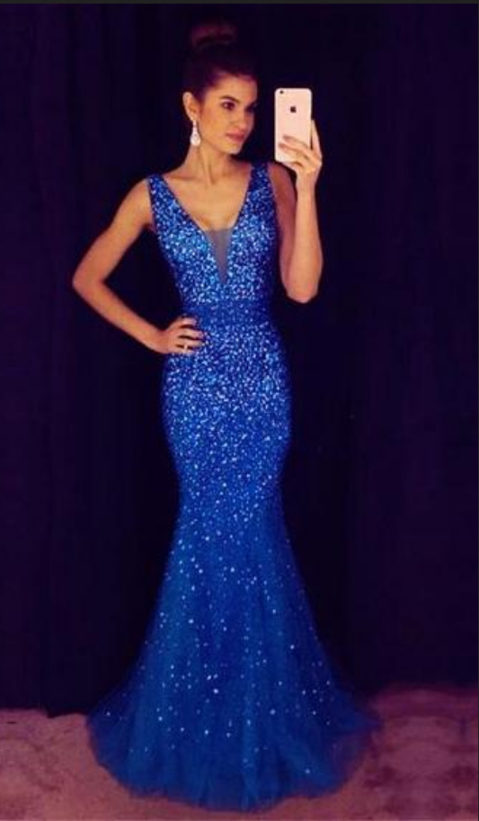 Royal Blue Prom Dress, Mermaid Prom Dress, Crystaled Prom Dress