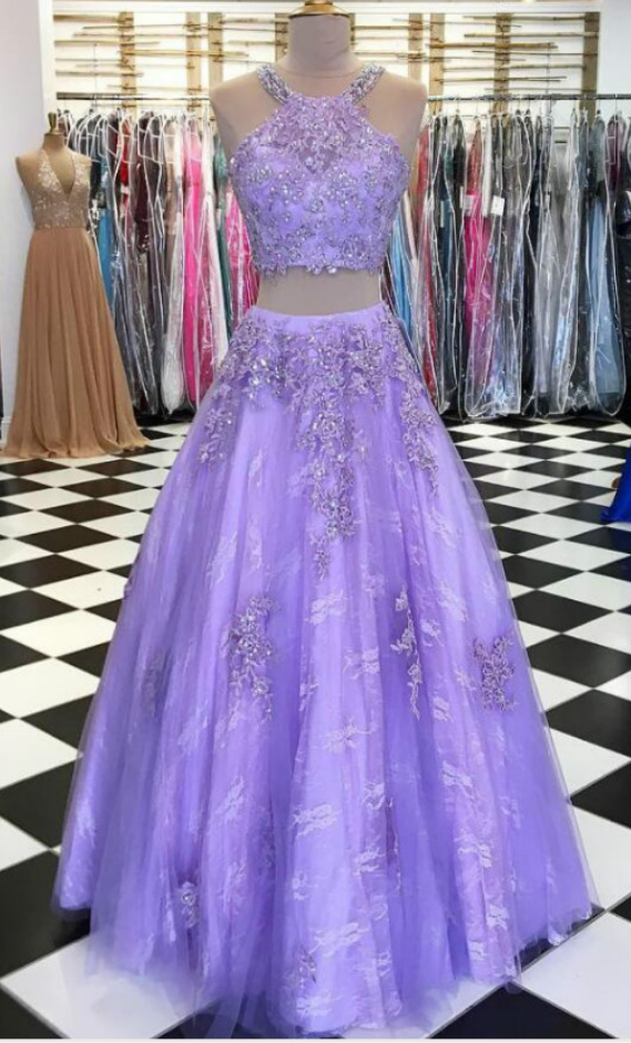 Elegant Prom Dress,sexy Prom Dress,two Piece Prom Dress, Lace Prom Dress,beaded Tulle Prom Dresses, Long Evening Dress
