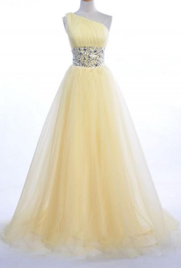 Yellow One Shoulder Tulle Long Prom Dress Y6108 main image 1
