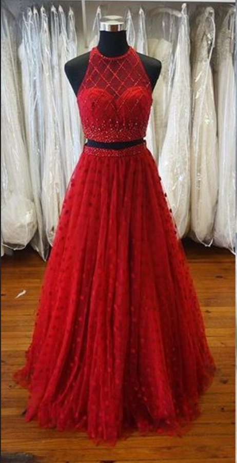 Two Piece Prom Dress, Sexy Long Prom Dress,halter Red Prom Gown,tulle Beads Prom Party Dress,prom Dresses