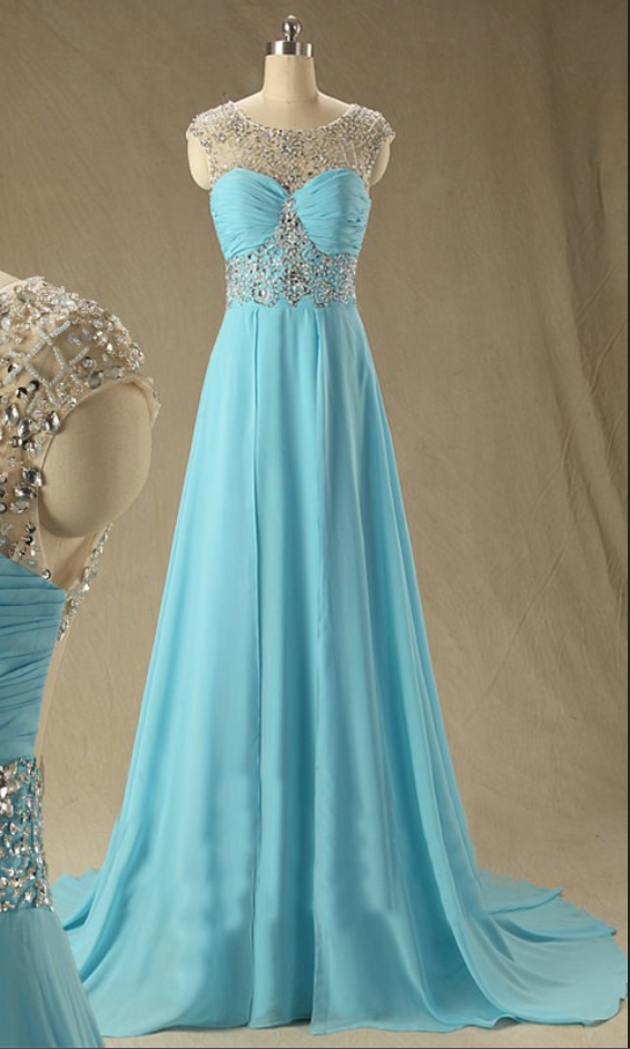 Custom Cap Sleeve Blue Chiffon A Line Floor Length Long Evening Prom Party Dresses