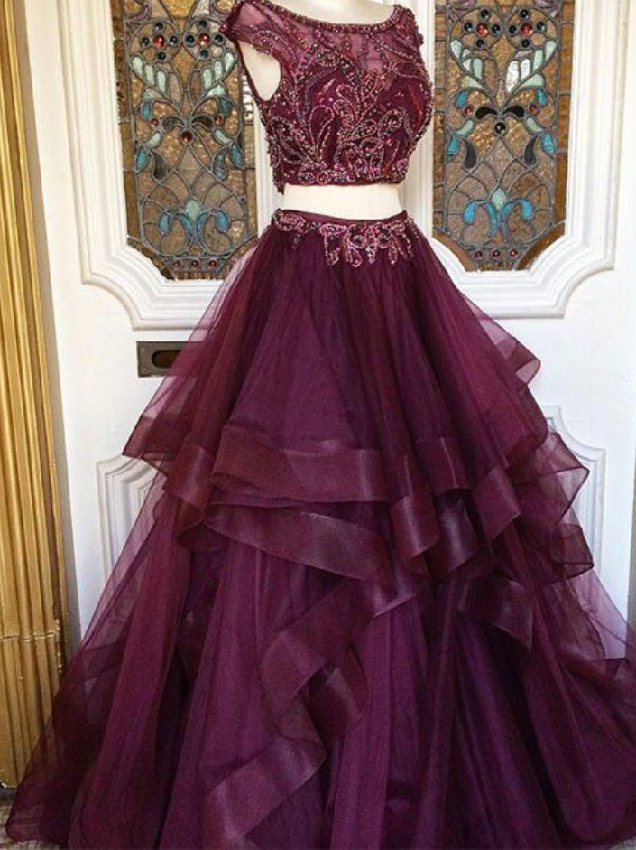 Two Pieces Burgundy Sequin Prom Dress, Long Burgundy Evening Dress