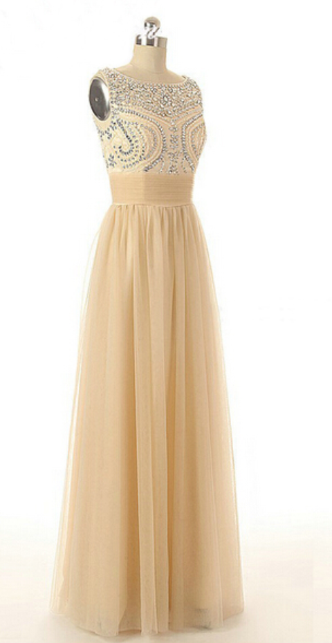 Long Prom Dress, Champagne Prom Dress, Scoop Neck Dress, Charming Prom Dress, Beading Prom Dress, Popular Prom Dress,